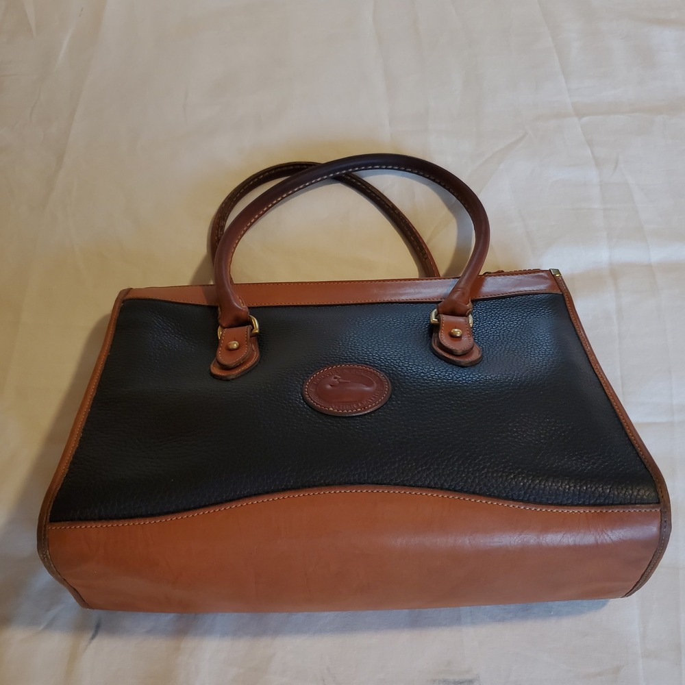 Dooney & Bourke Vintage All Weather Leather Tote Navy Blue Tan Brass Duck Fob